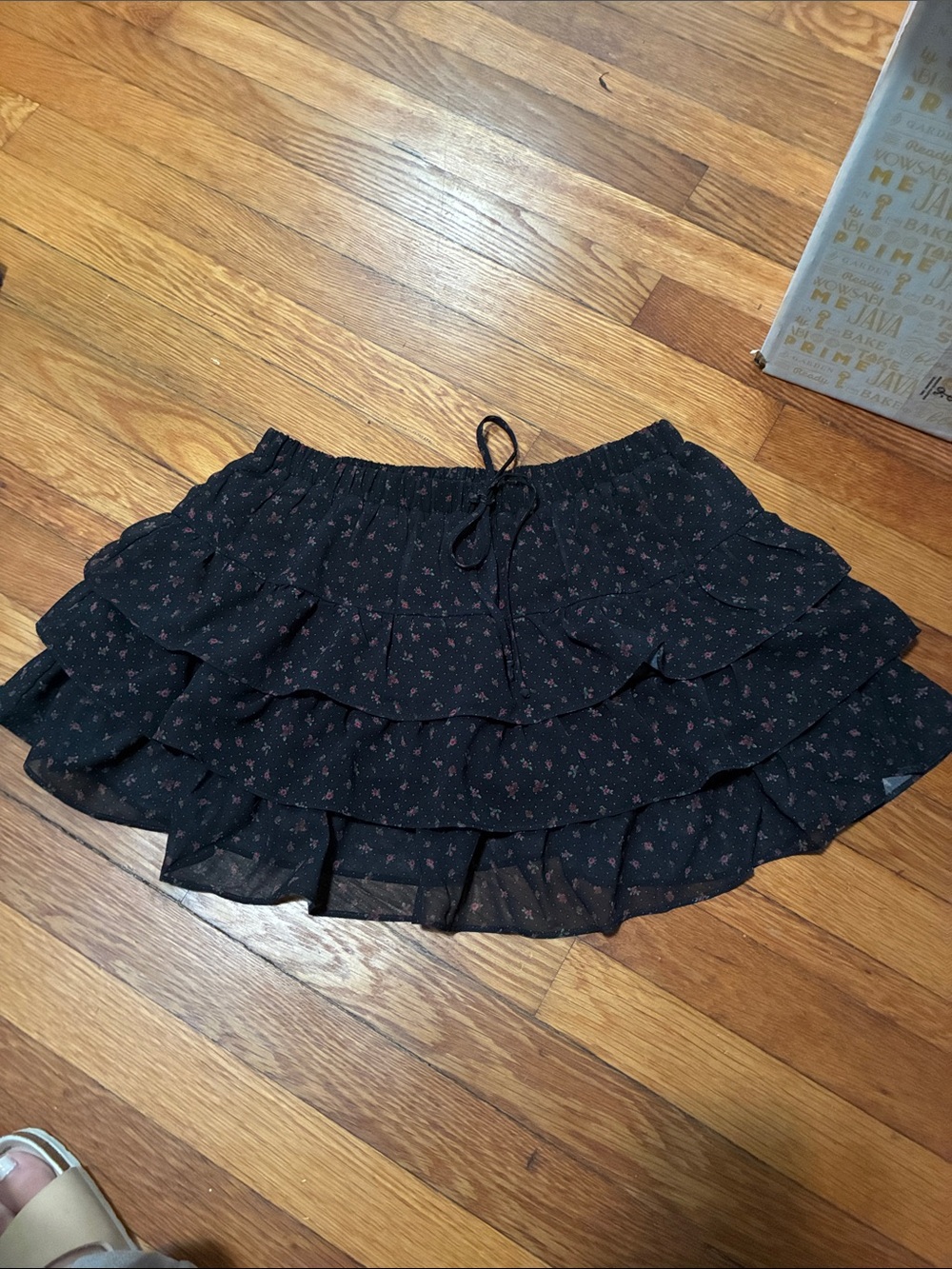 bp Black Mini Skirt with Pink Floral Ruffles
